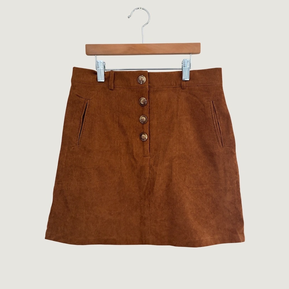 SHEIN Fall Rust Brown Corduroy Button Front Mini Skirt Size M A-Line Pocketed